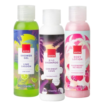 AVON care Reisegröße 3-teiliges Set mit 2-in-1 Shampoo Spülung, Körperlotion & Duschgel