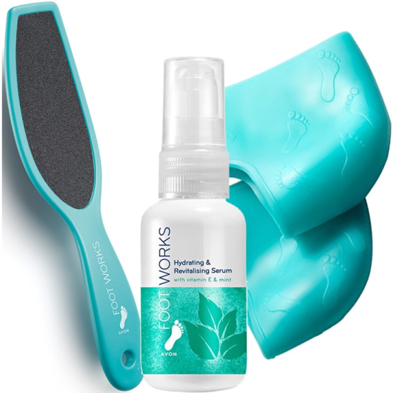 AVON FOOT WORKS Feuchtigkeitsspendendes & Revitalisierendes Serum mit Vitamin E & Minze + GRATIS (Socken & Feile)
