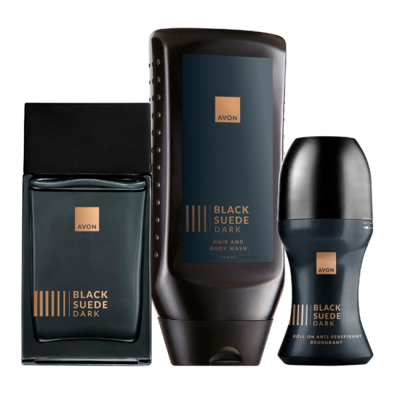 AVON Black Suede DARK -teiliges Set mit Eau de Toilette Spray, Deoroller & Shampoo/Duschgel