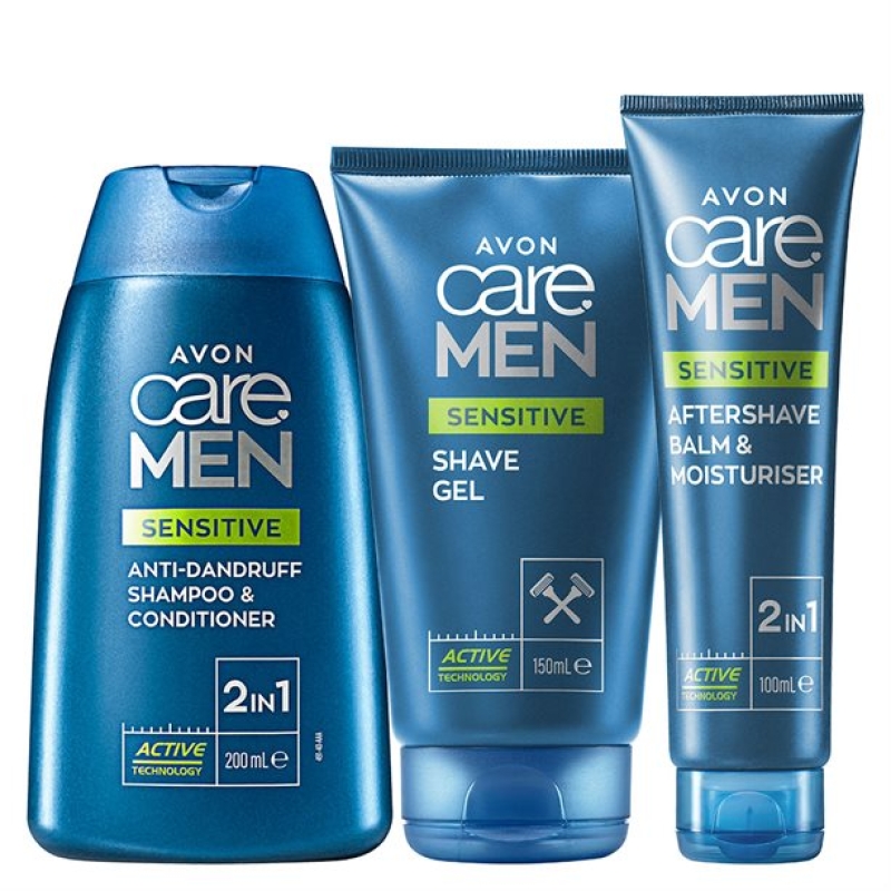 AVON care MEN SENSITIVE 3-teiliges mit Shampoo/Spülung, Rasiergel & Aftershavebalsam